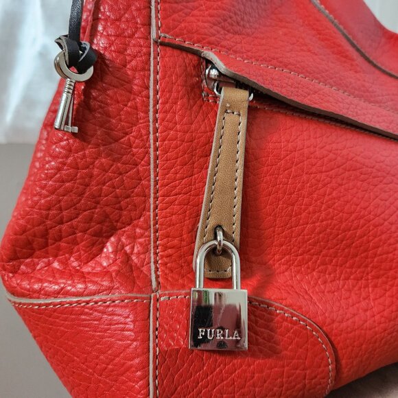 FURLA MY PIPER PEBBLED LEATHER LARGE TOP HANDLE BAG ORANGE GENTLY USED LIKE NEW - Picture 7 of 12